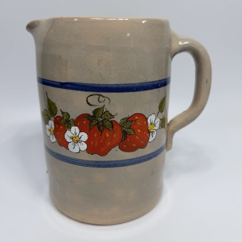 Vtg Stoneware Crock Pottery Pitcher Cobalt Blue Stripe Handpainted Strawberries